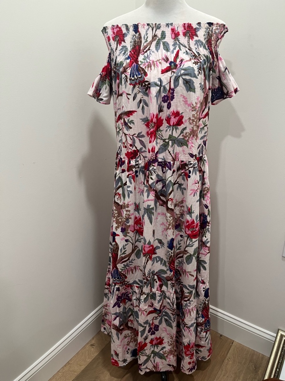 Guadalupe Off-Shoulder Floral Maxi Dress in Pink and Red smocking around chest